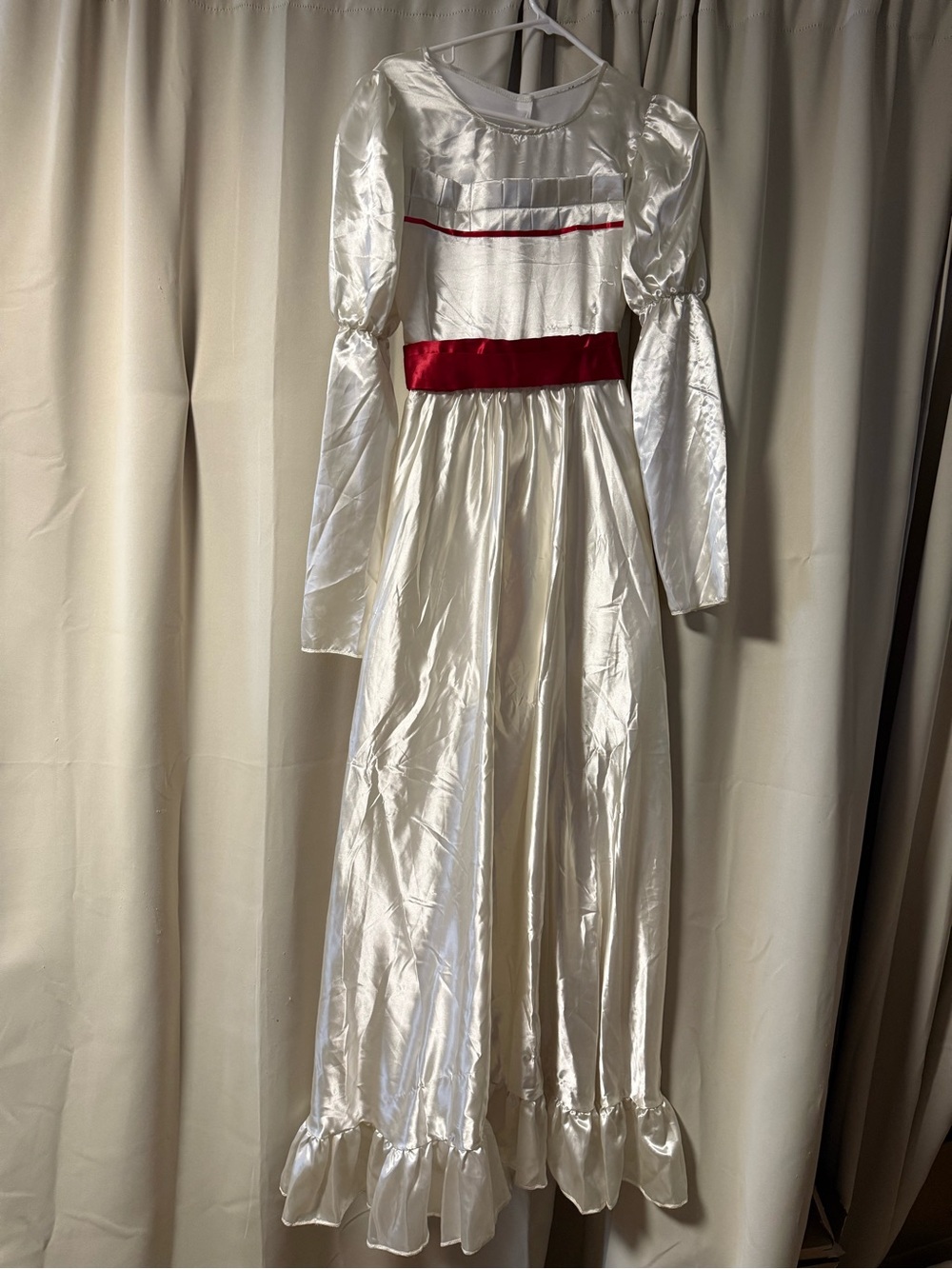 Annabelle Halloween Costume White Satin Long Sleeve Dress with Red Sash - Picture 3 of 6